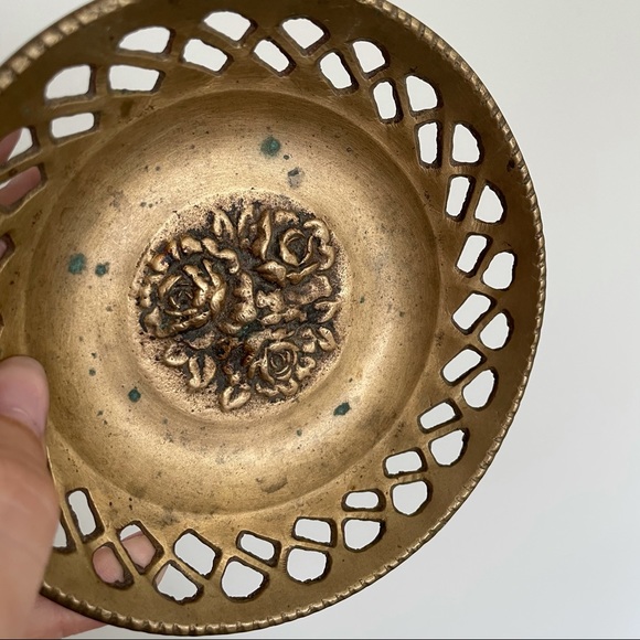 Vintage Solid Brass Pierced Bowl – Raised Floral Rose Motif – Ornate Decorative - Picture 10 of 13